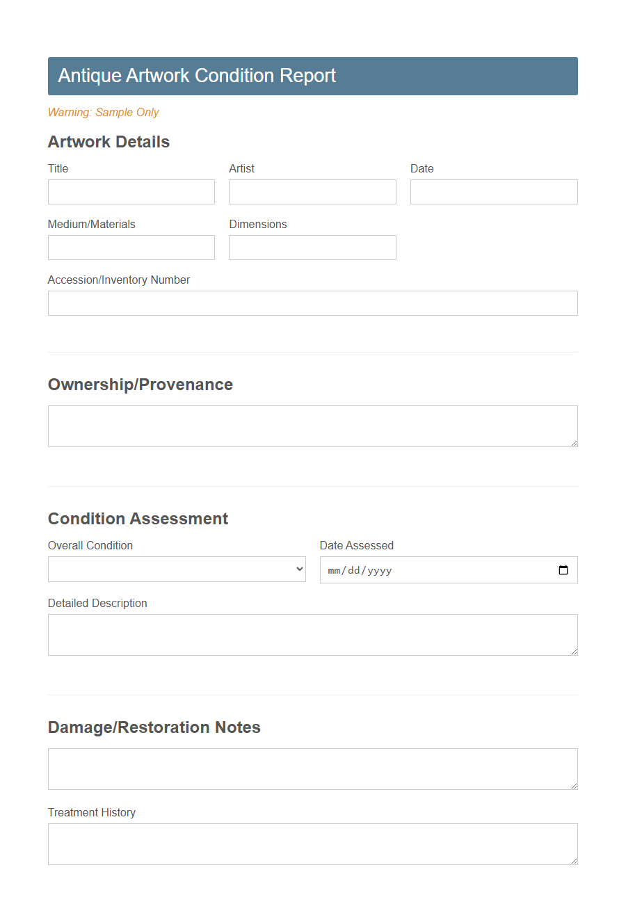 Artwork Condition Report Form Template PDF Samples