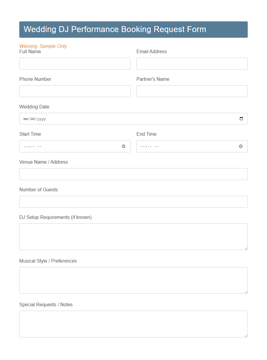 DJ Performance Booking Request Form Template PDF Samples