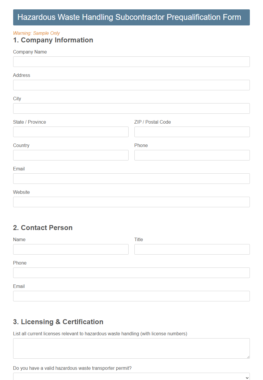 Environmental Subcontractor Prequalification Form PDF Samples