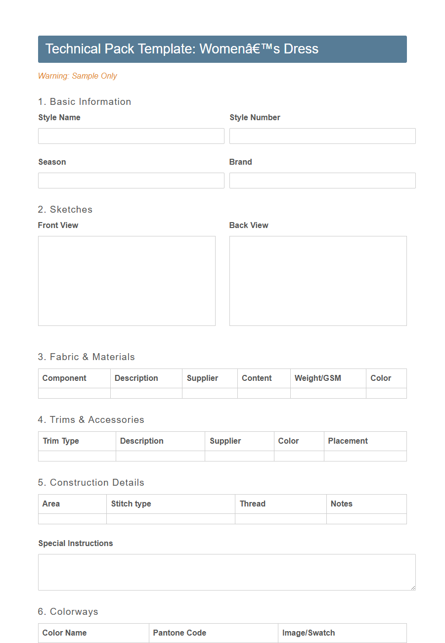 Garment Specification Sheet Form PDF Samples