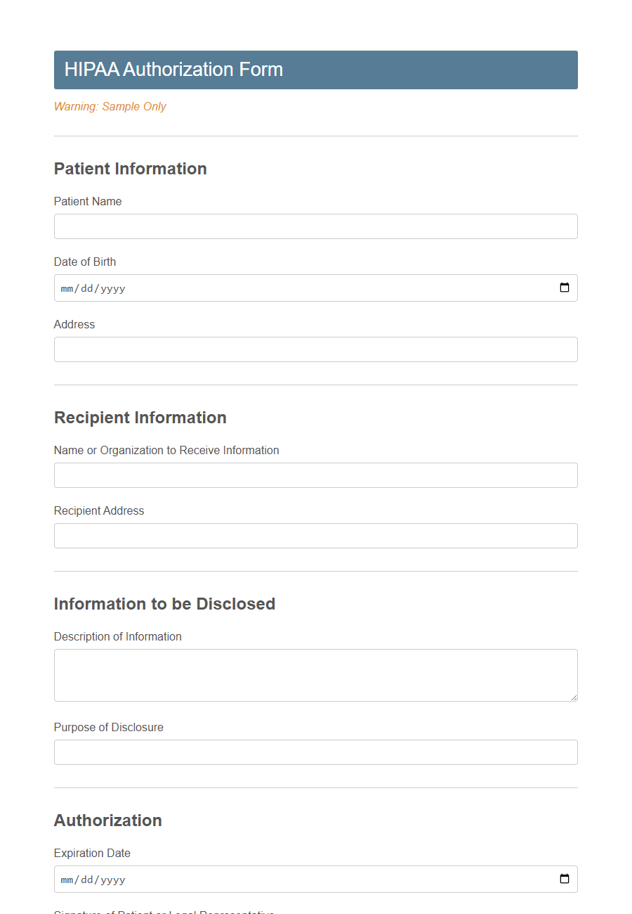 HIPAA Authorization Form Template PDF Samples
