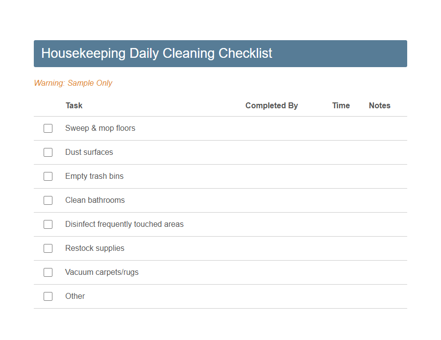 Housekeeping Service Request Form Template PDF Samples