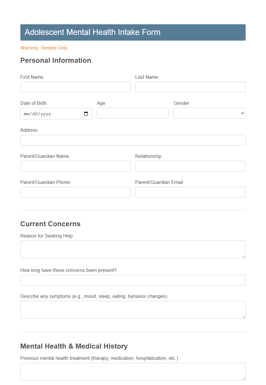 Mental Health Service Intake Form PDF Samples