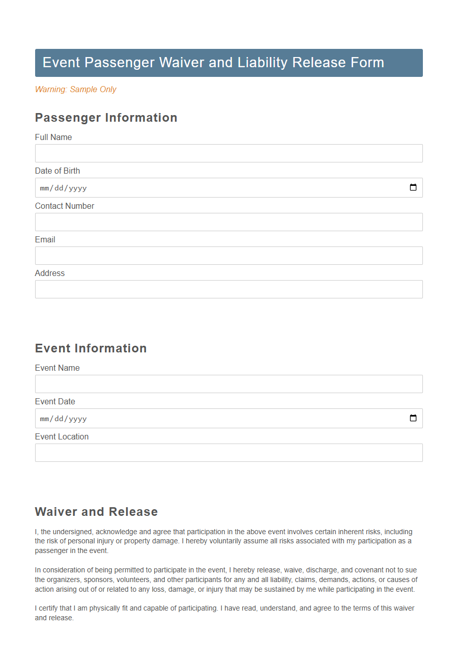 Passenger Waiver and Liability Release Form Template PDF Samples