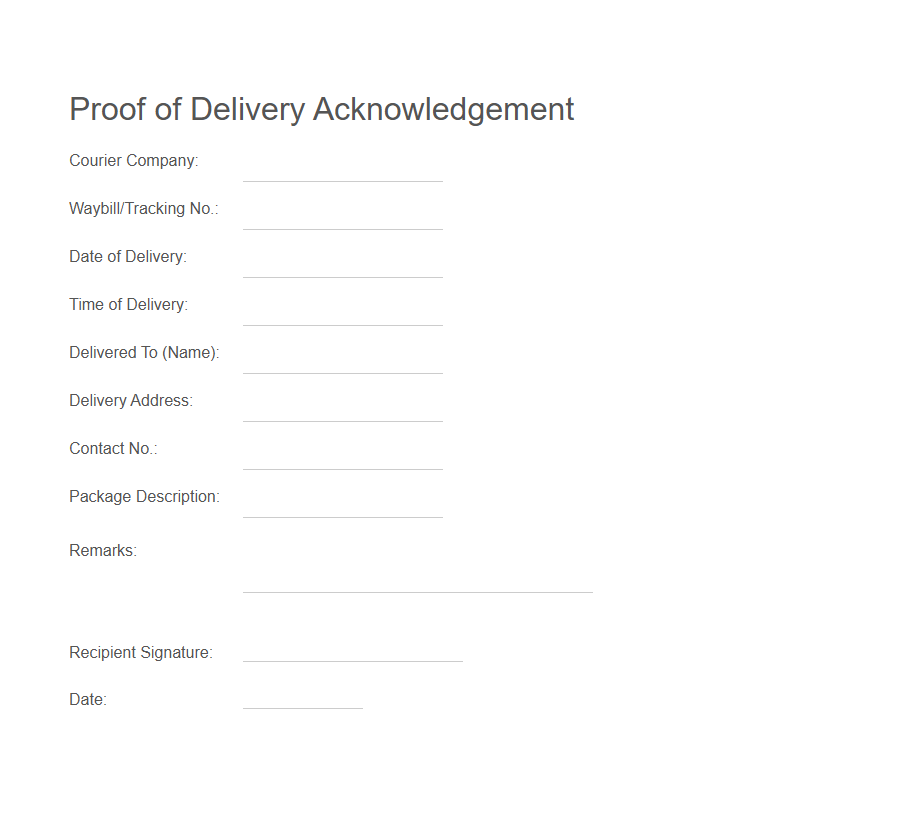 Proof of Delivery Acknowledgement Form PDF Samples