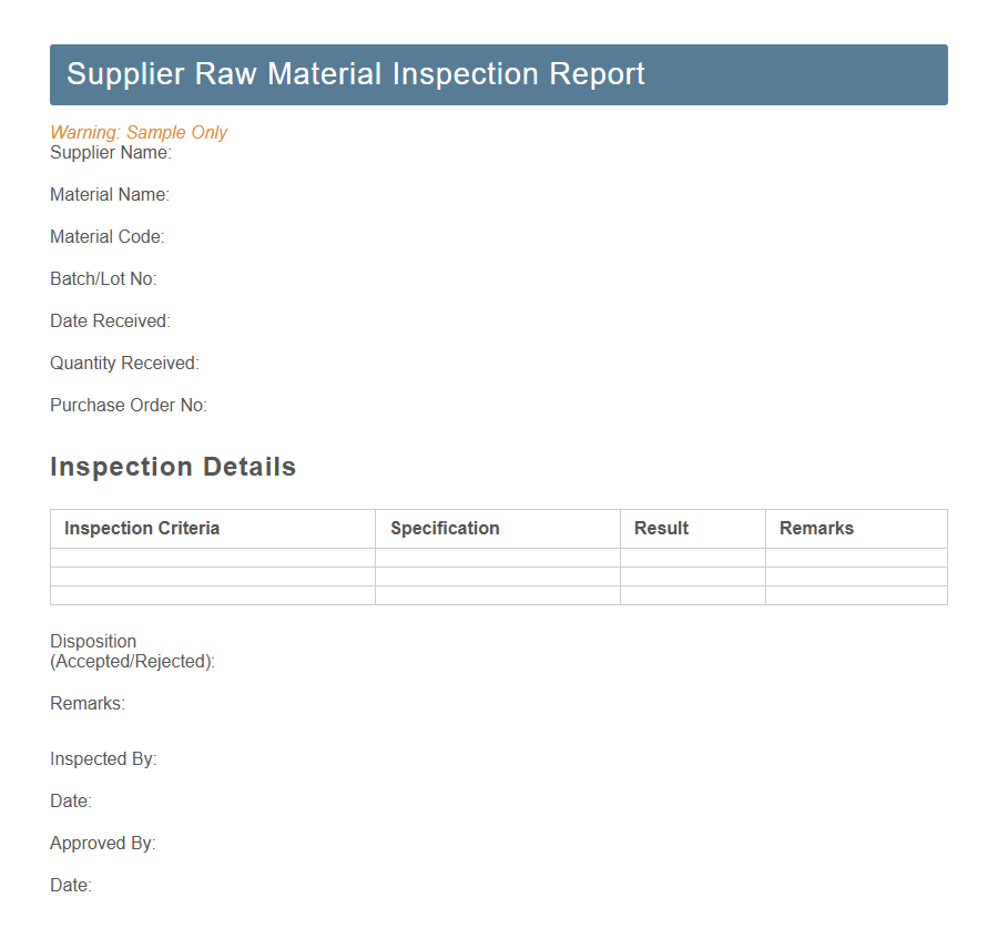 Raw Material Inspection Form PDF Samples