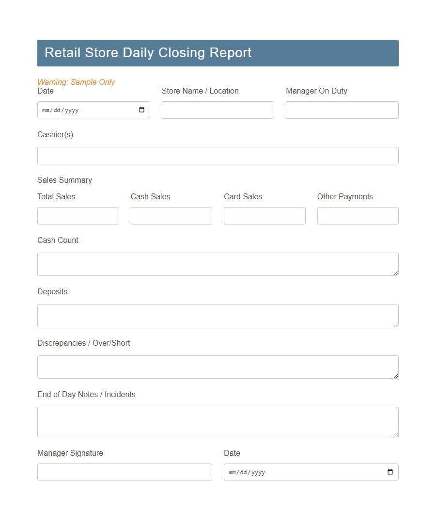 Retail Store Closing Report Form PDF Samples