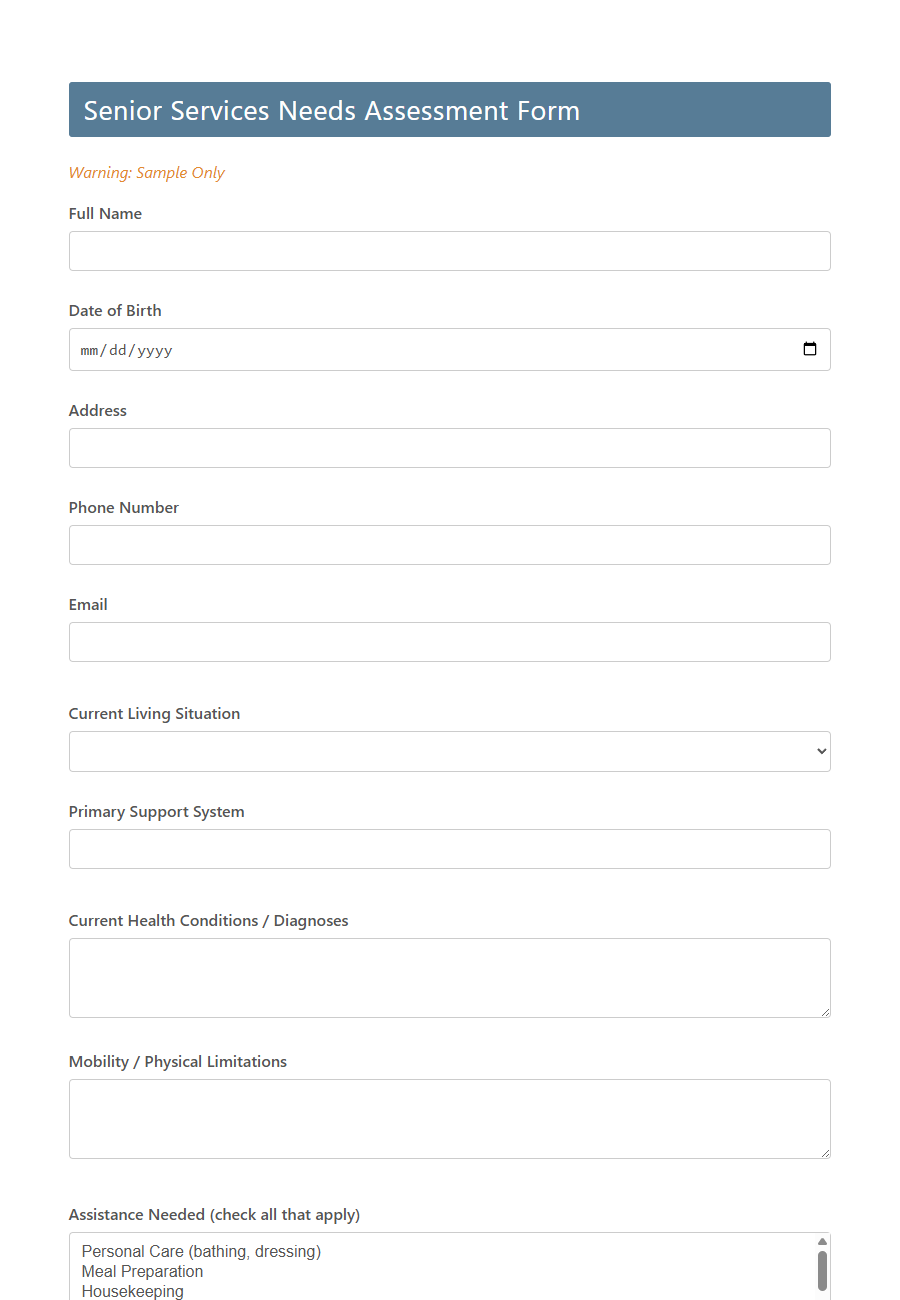 Senior Services Needs Assessment Form Template PDF Samples