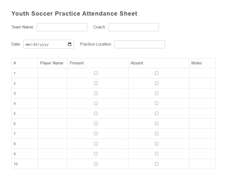 Sports Team Attendance Form PDF Samples