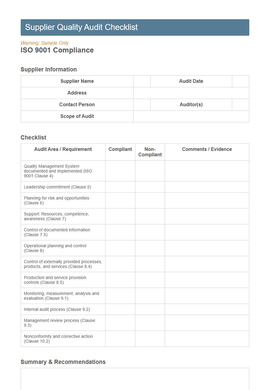 Supplier Quality Audit Checklist Form PDF Samples