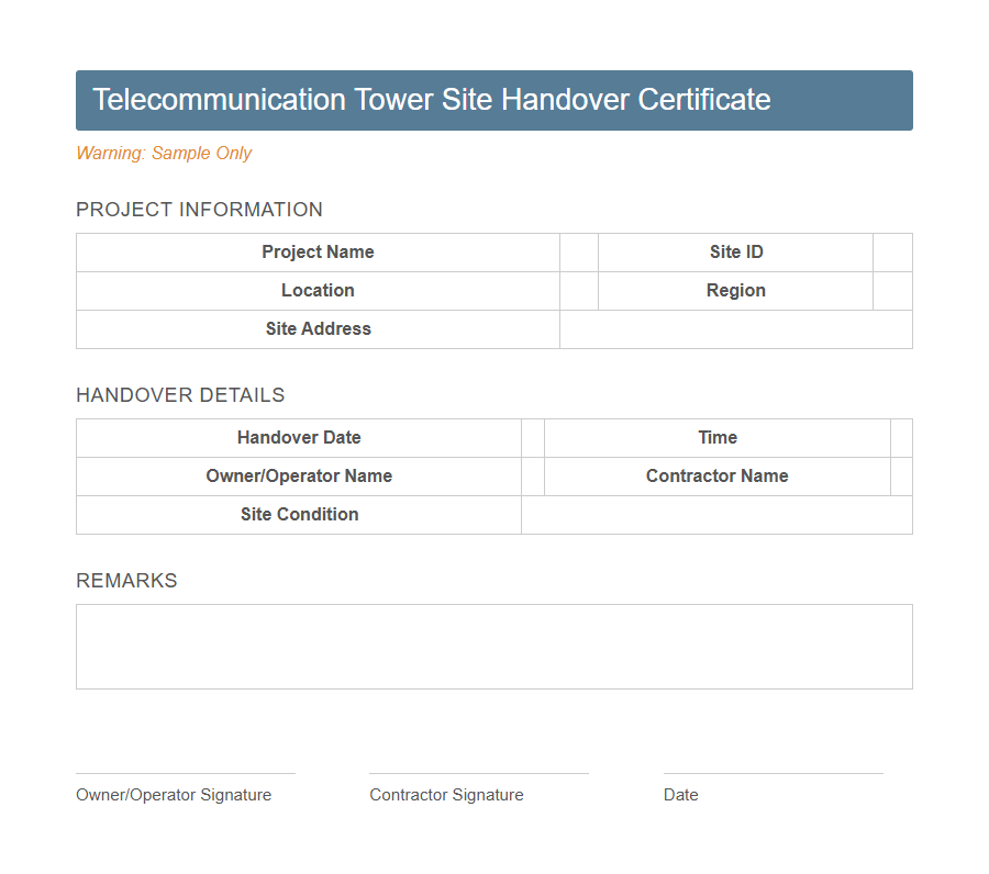 Telecommunication Equipment Handover Form Template PDF Samples