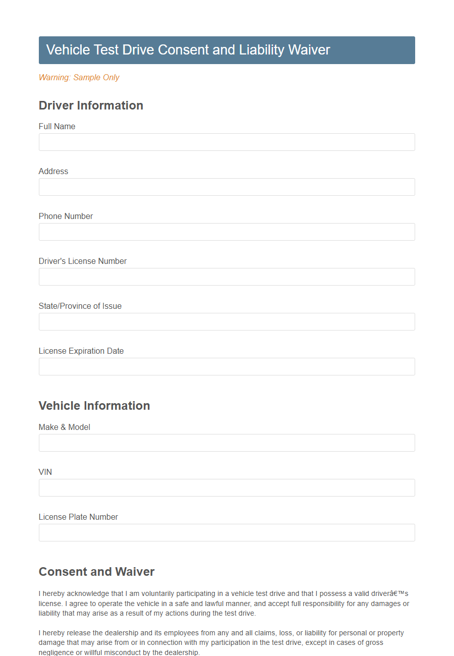 Test Drive Consent Form PDF Samples