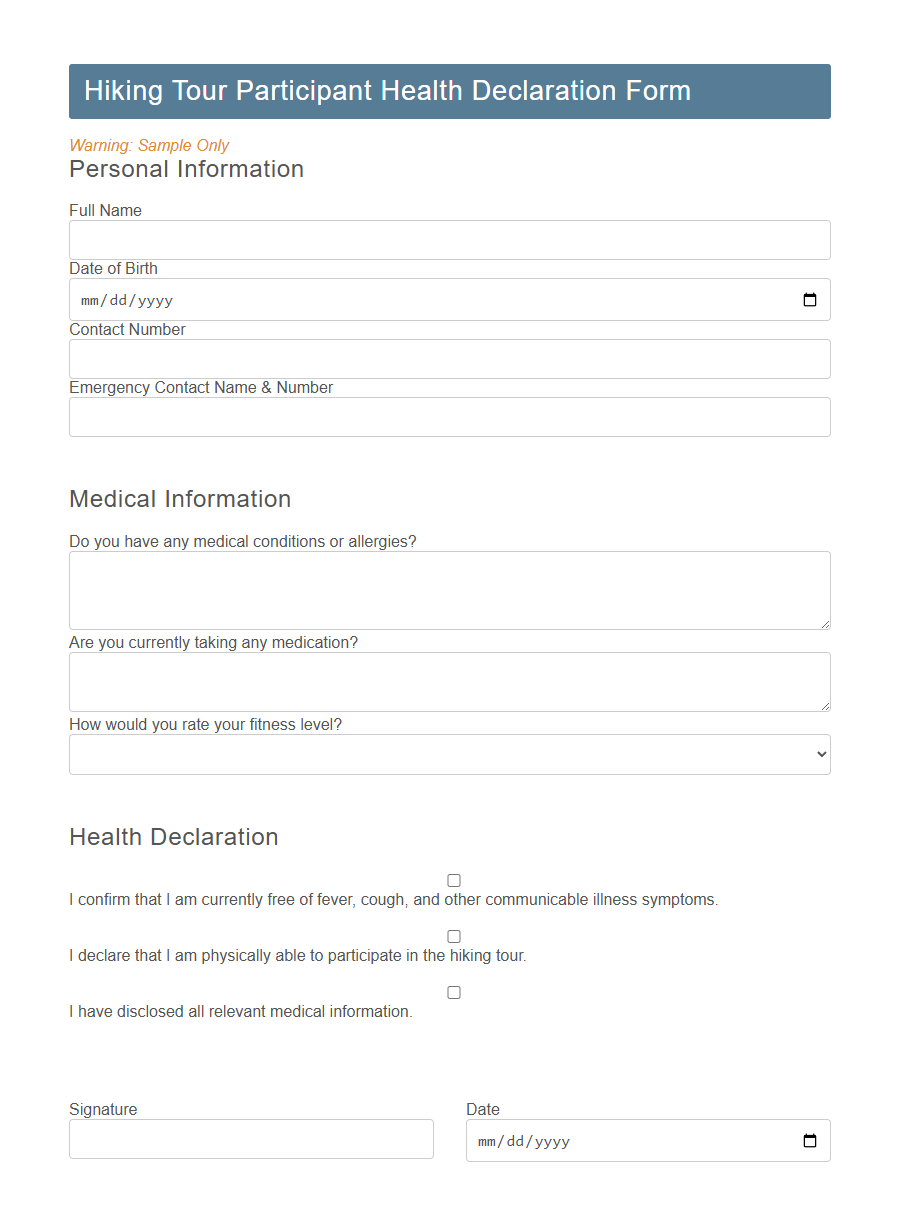 Tour Participant Health Declaration Form PDF Samples