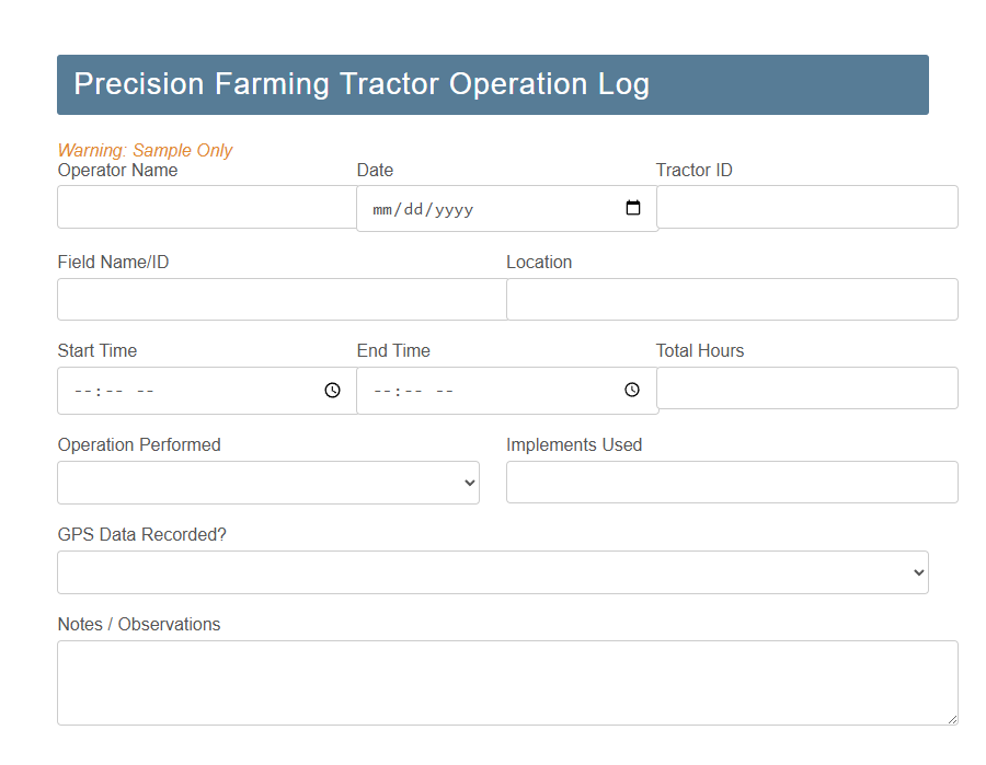 Tractor Usage Log Form PDF Samples