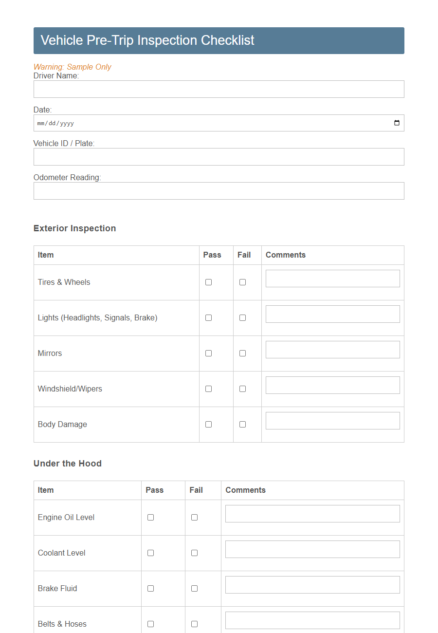 Transport Safety Audit Checklist Form Template PDF Samples