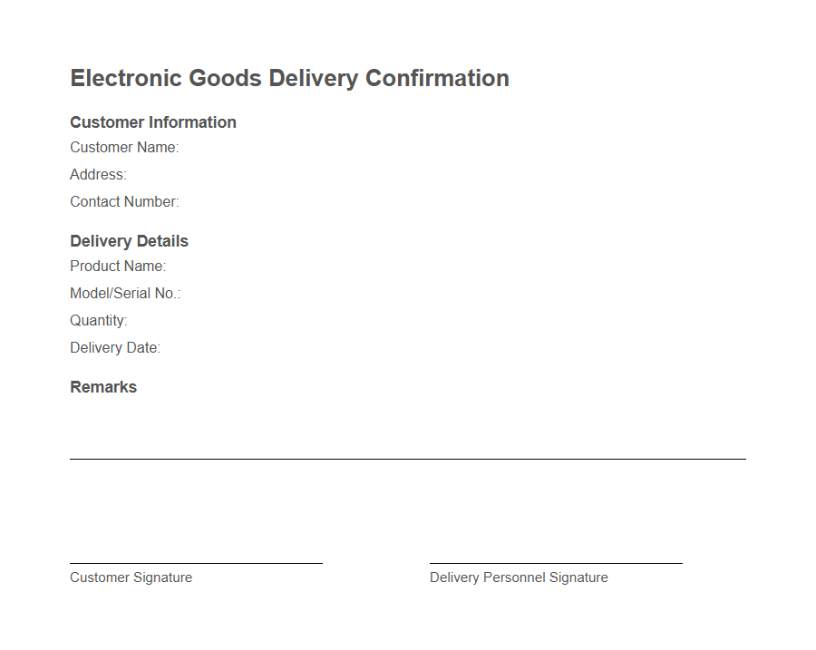 Delivery Confirmation Form PDF Samples