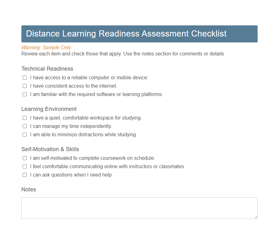 Distance Learning Readiness Form PDF Samples