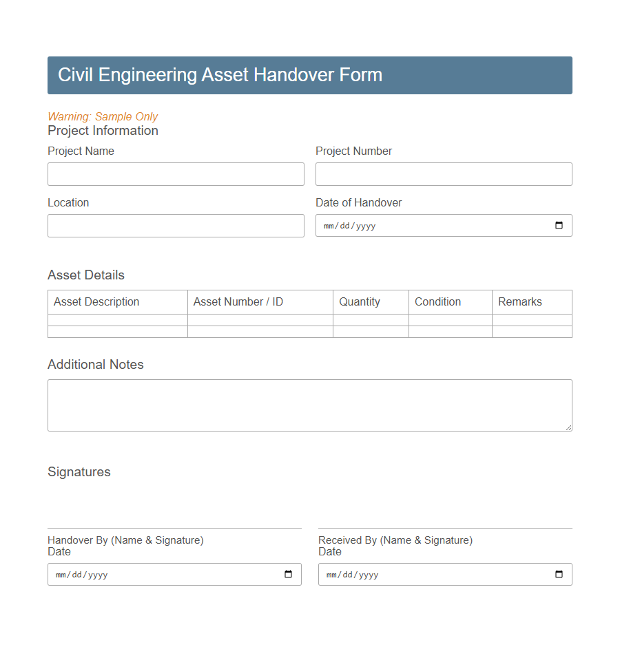 Engineering Asset Handover Form PDF Samples