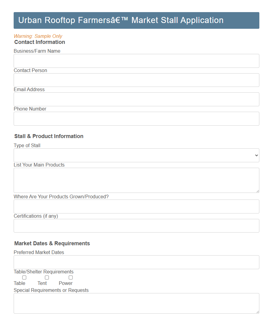 Farmers' Market Stall Application Form Template PDF Samples