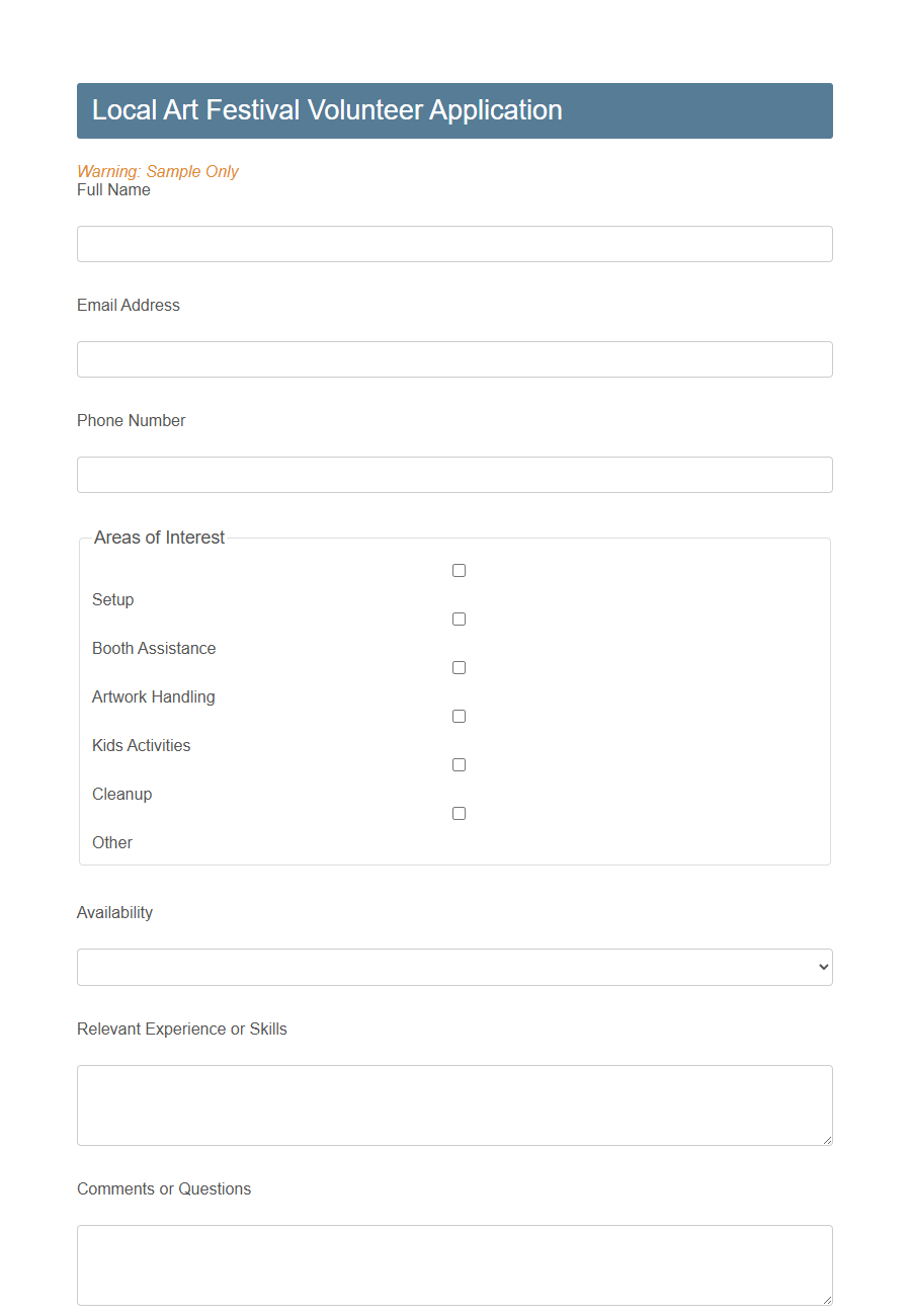 Festival Volunteer Application Form Template PDF Samples