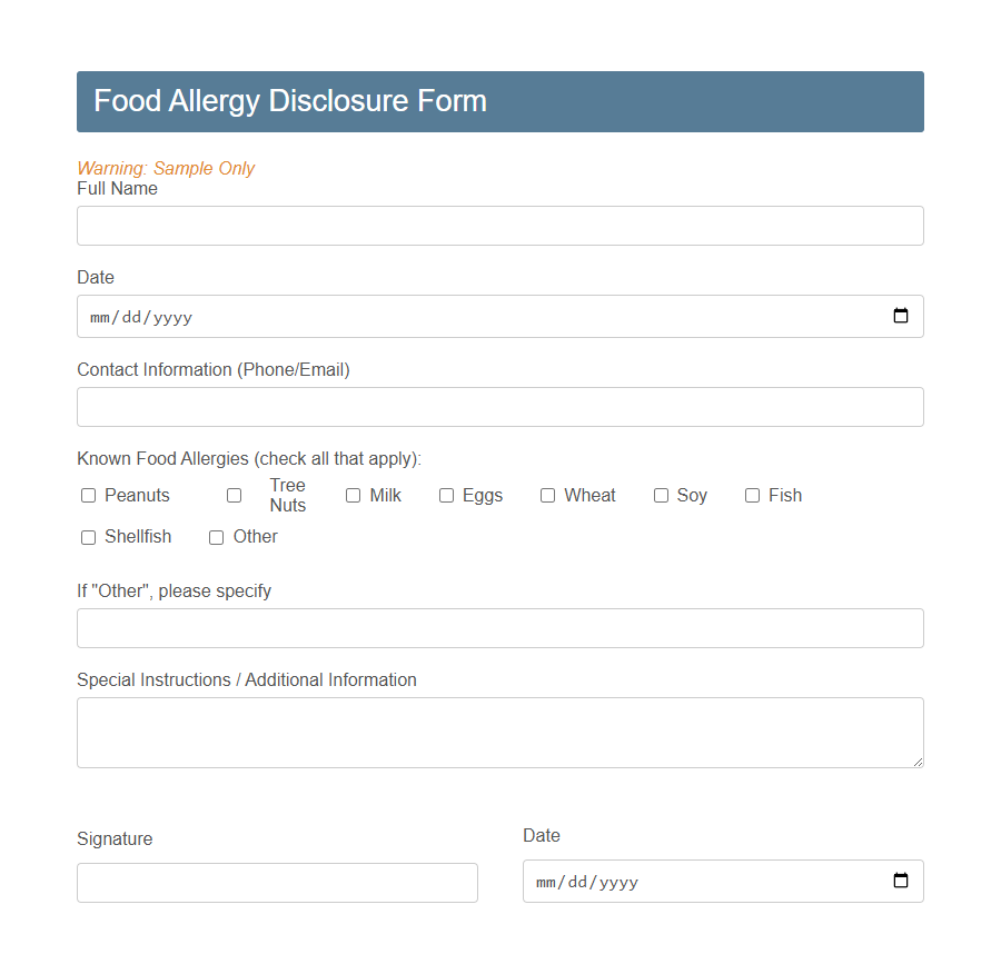 Food Allergy Information Form Template PDF Samples