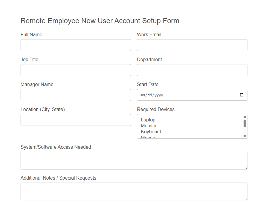 New User Account Setup Form PDF Samples