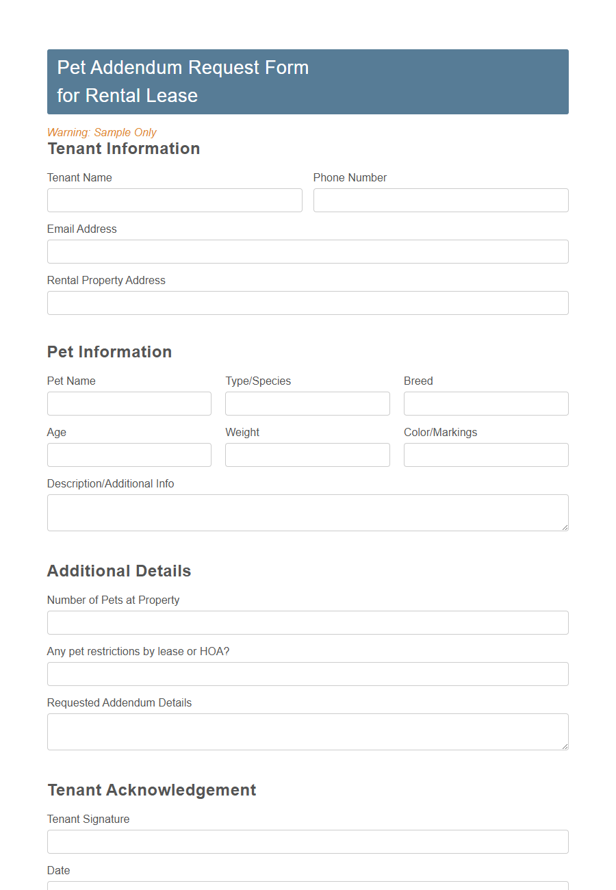 Pet Addendum Request Form Template PDF Samples