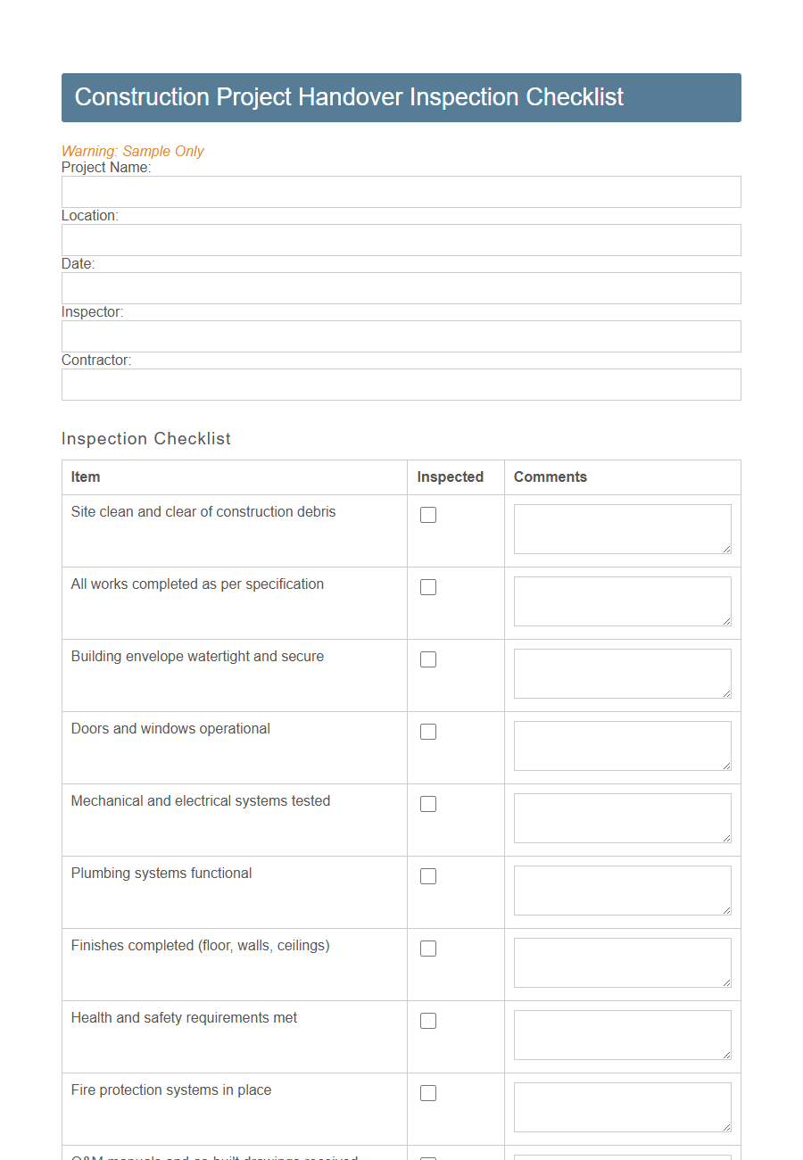 Project Handover Inspection Form Template PDF Samples