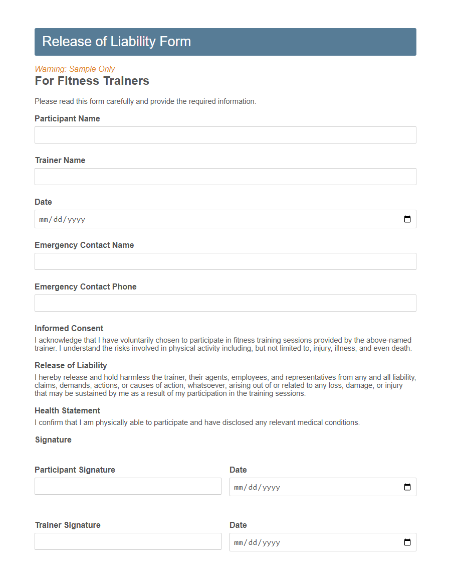 Release of Liability Form PDF Samples
