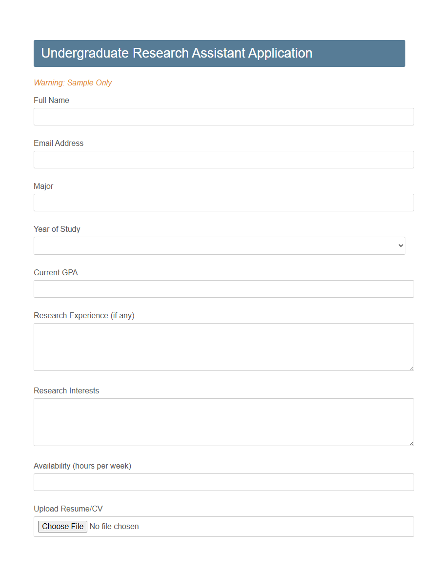 Research Assistant Application Form PDF Samples