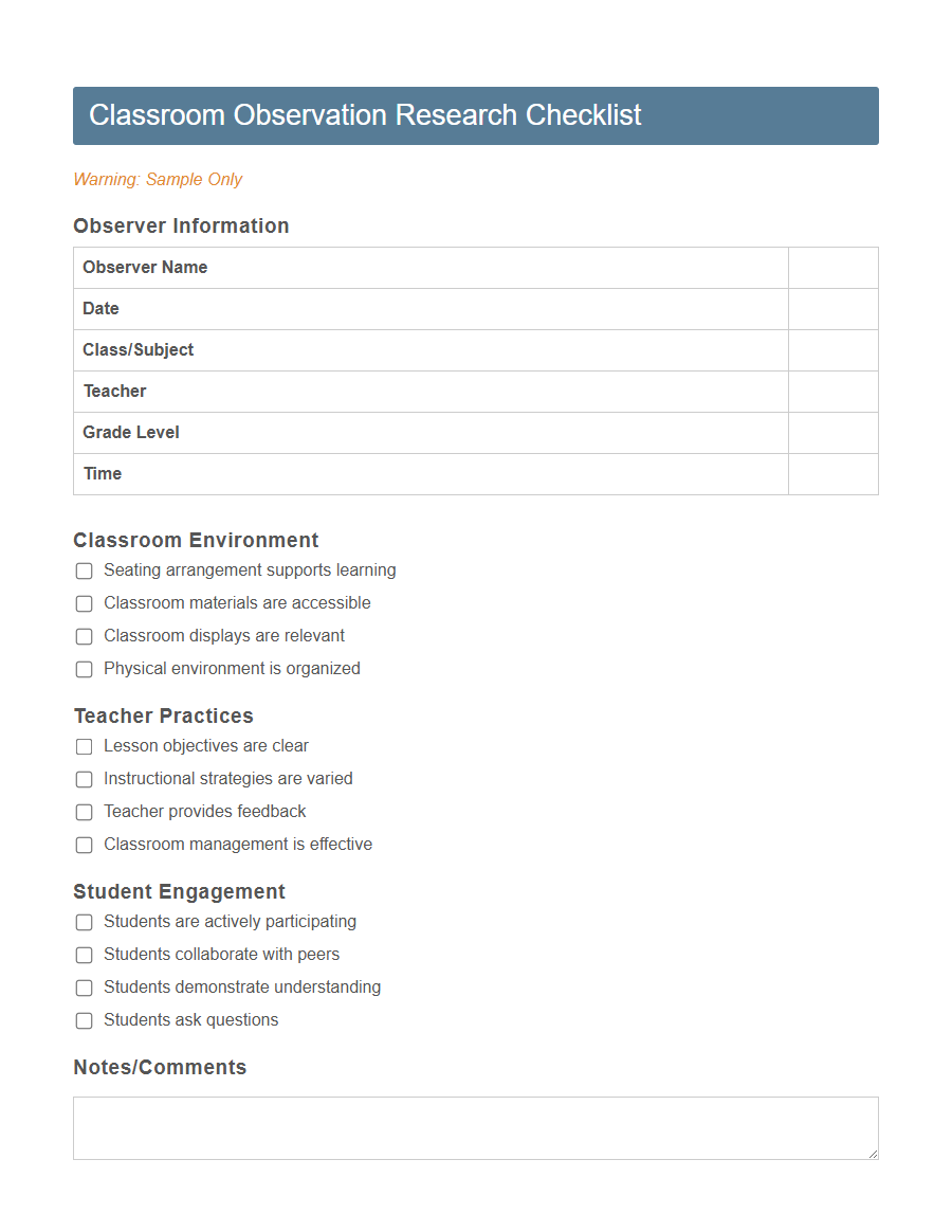 Research Observation Checklist Form Template PDF Samples