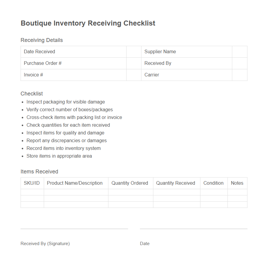 Retail Inventory Receiving Form PDF Samples
