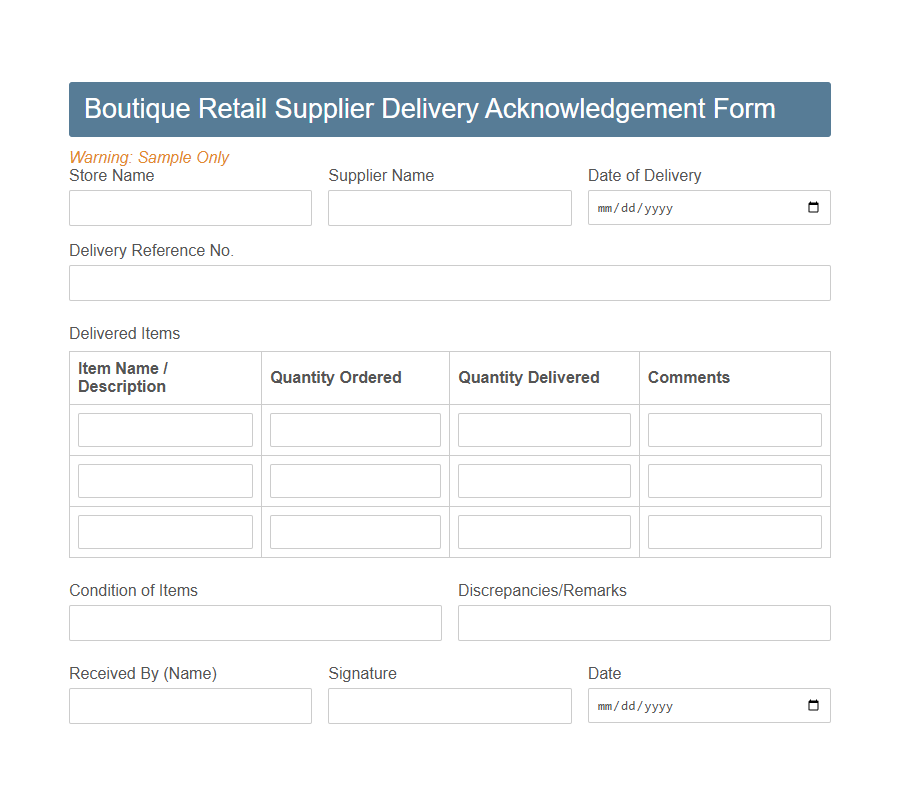 Retail Supplier Delivery Acknowledgement Form PDF Samples