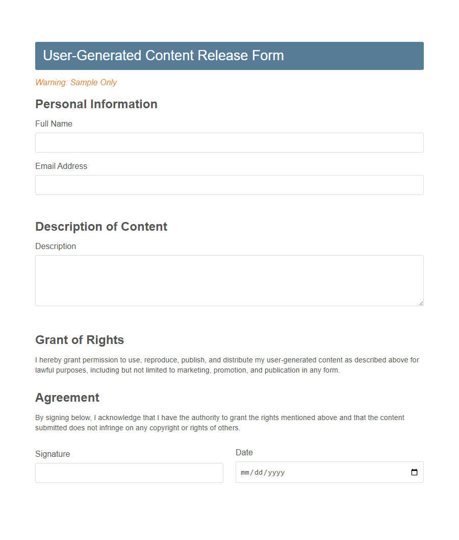 Third-Party Content Permission Form Template PDF Samples