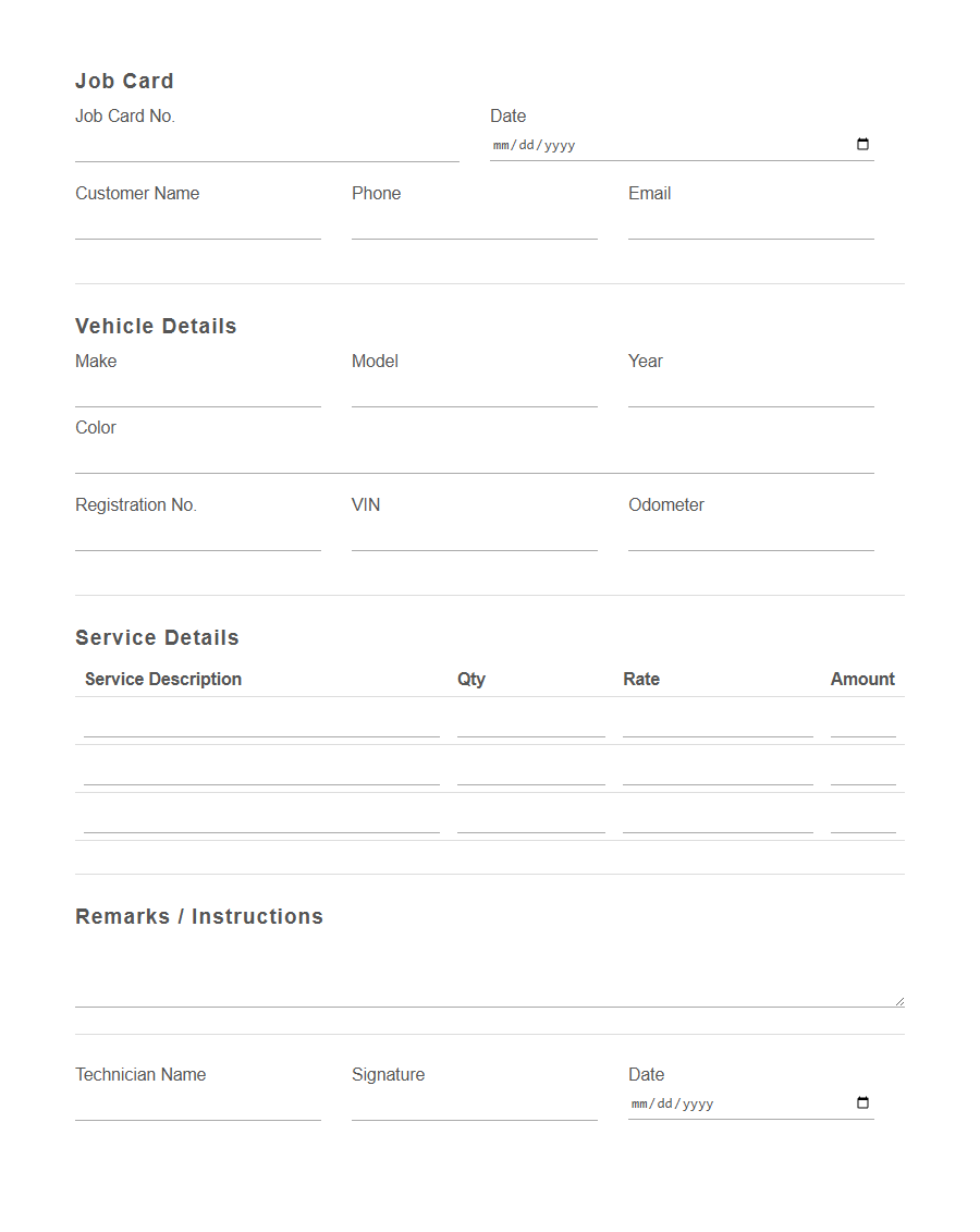 Automotive Workshop Job Card Form Template PDF Samples