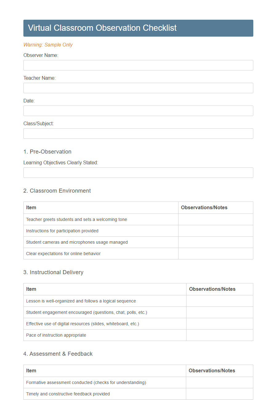 Classroom Observation Form PDF Samples