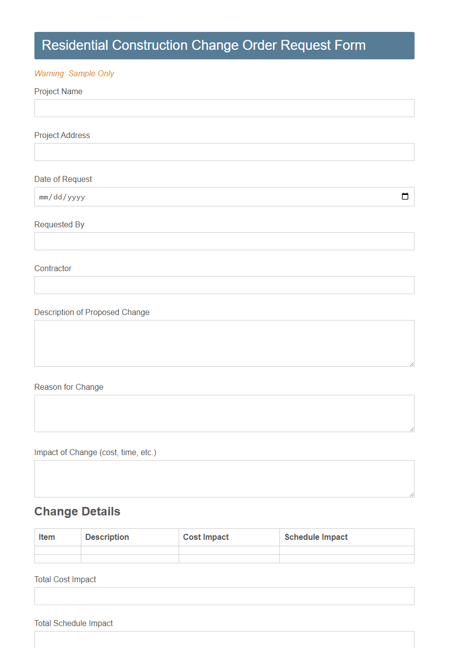 Construction Change Order Request Form PDF Samples