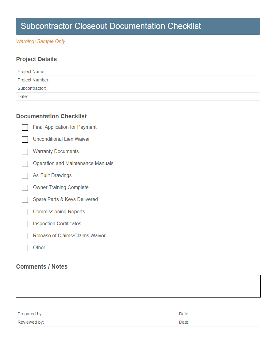 Construction Project Closeout Checklist Form PDF Samples