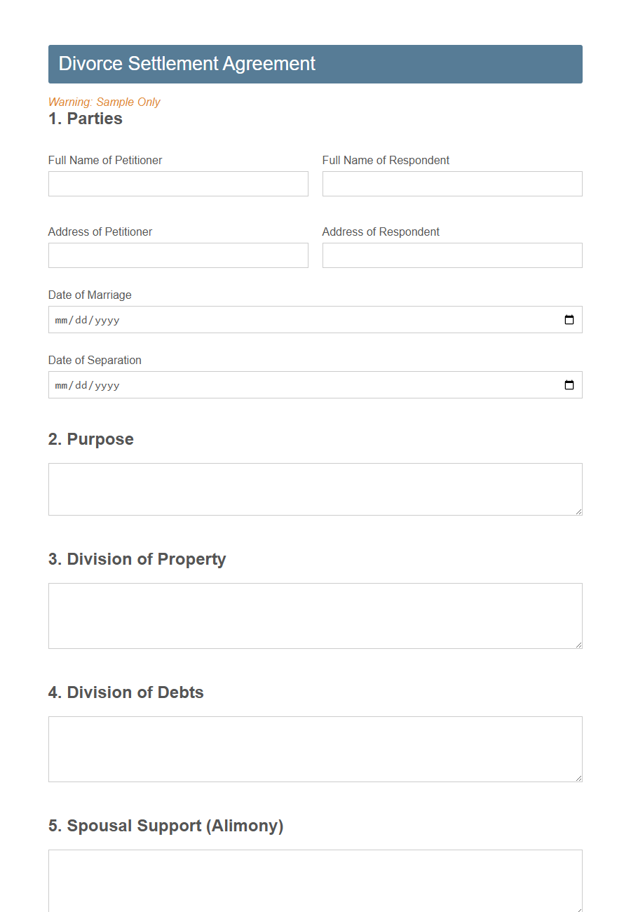 Divorce Settlement Agreement Form PDF Samples
