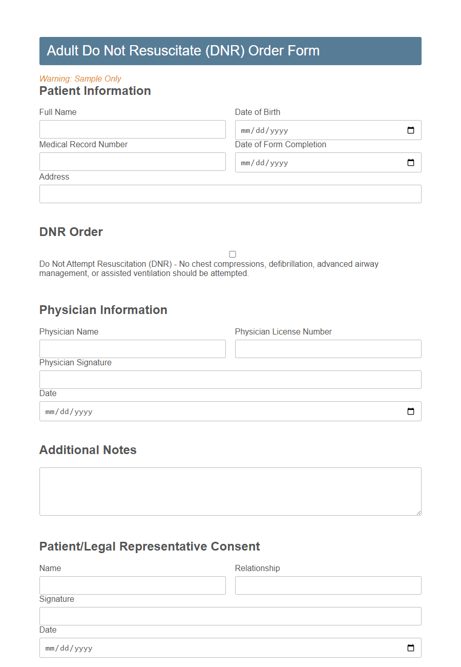 DNR (Do Not Resuscitate) Order Form PDF Samples