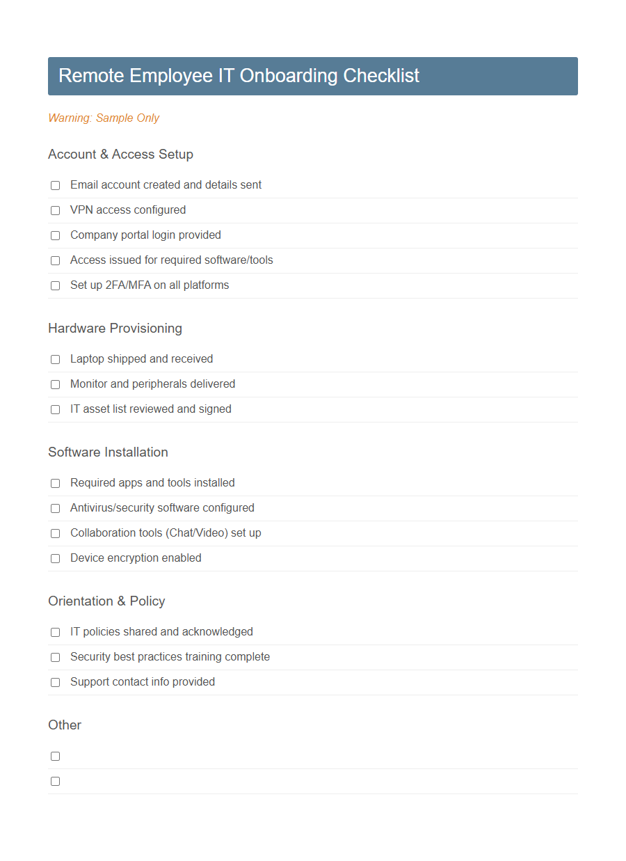 Employee IT Onboarding Form Template PDF Samples