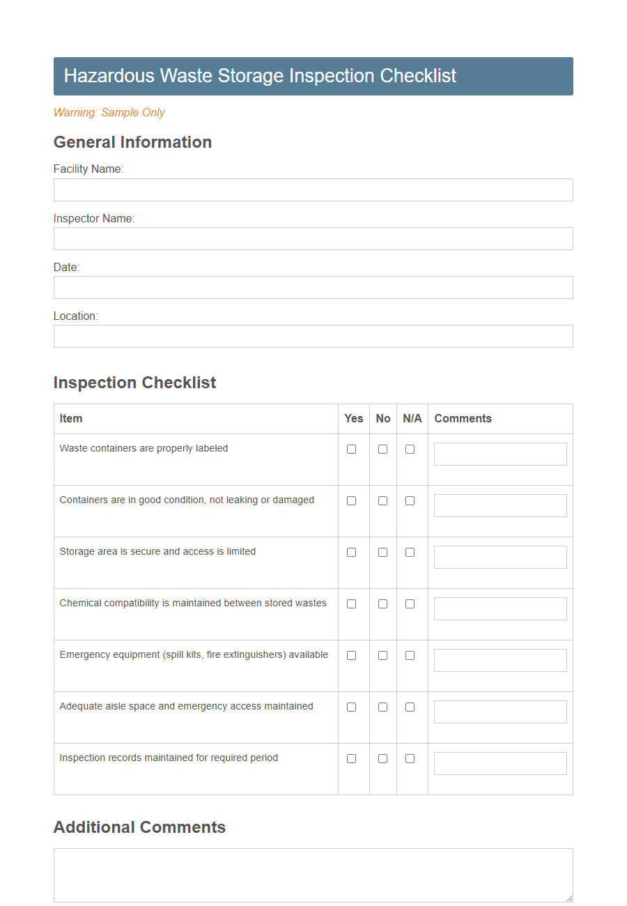 Environmental Inspection Checklist Form Template PDF Samples