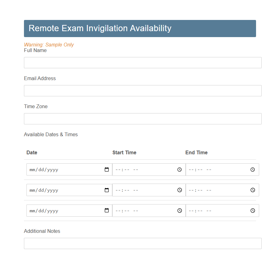 Exam Invigilation Availability Form PDF Samples
