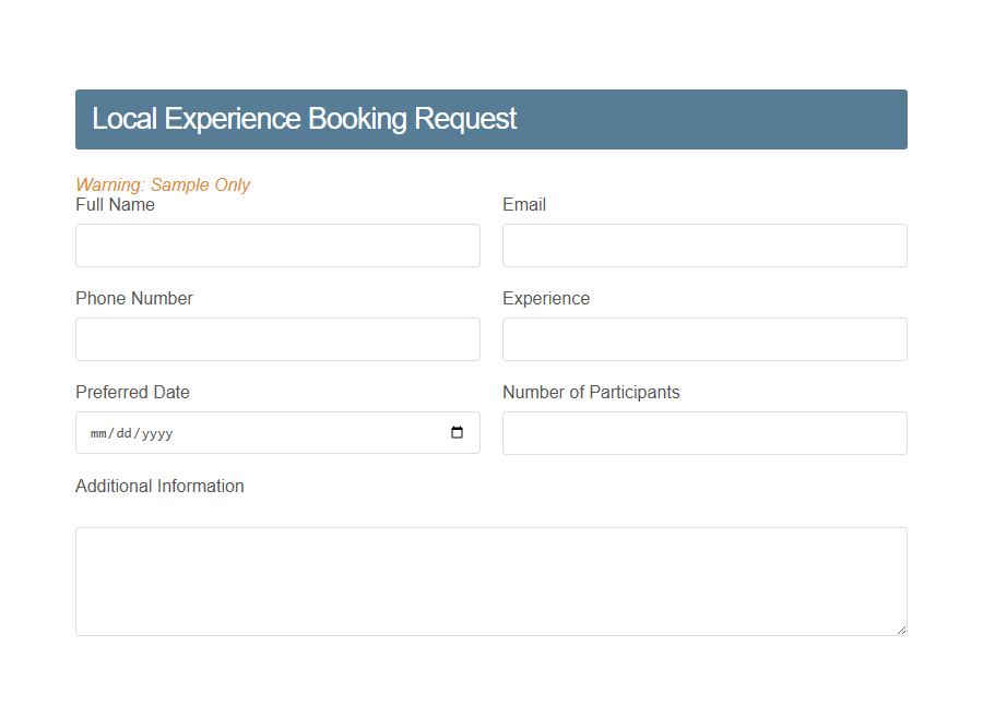Local Experience Booking Request Form Template PDF Samples