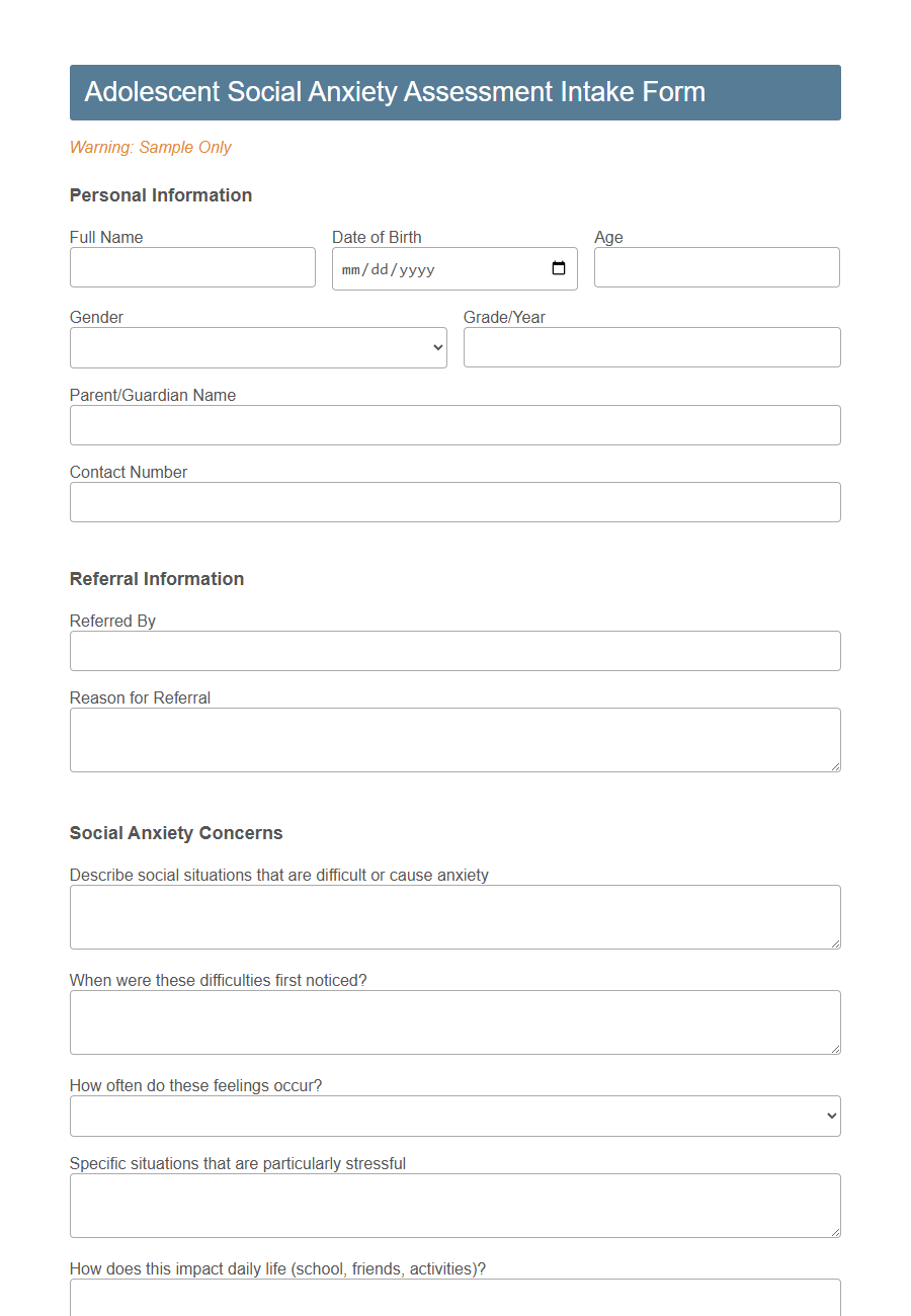 Mental Health Assessment Intake Form Template PDF Samples