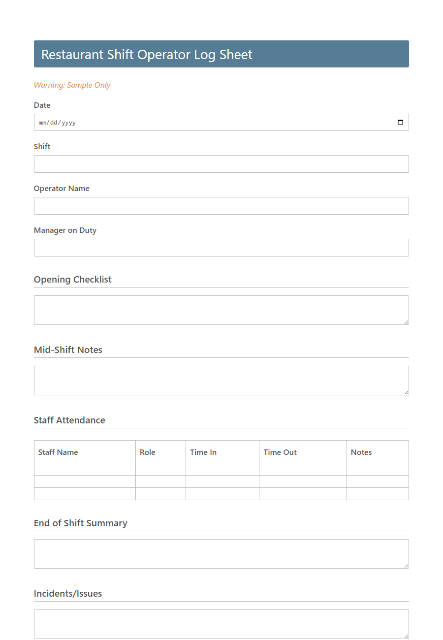 Operator Daily Log Sheet Form Template PDF Samples