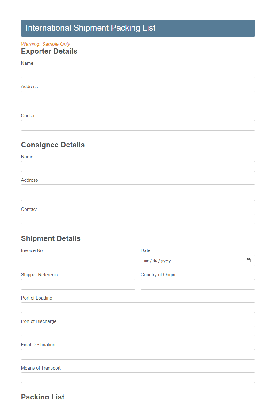 Packing List Form PDF Samples