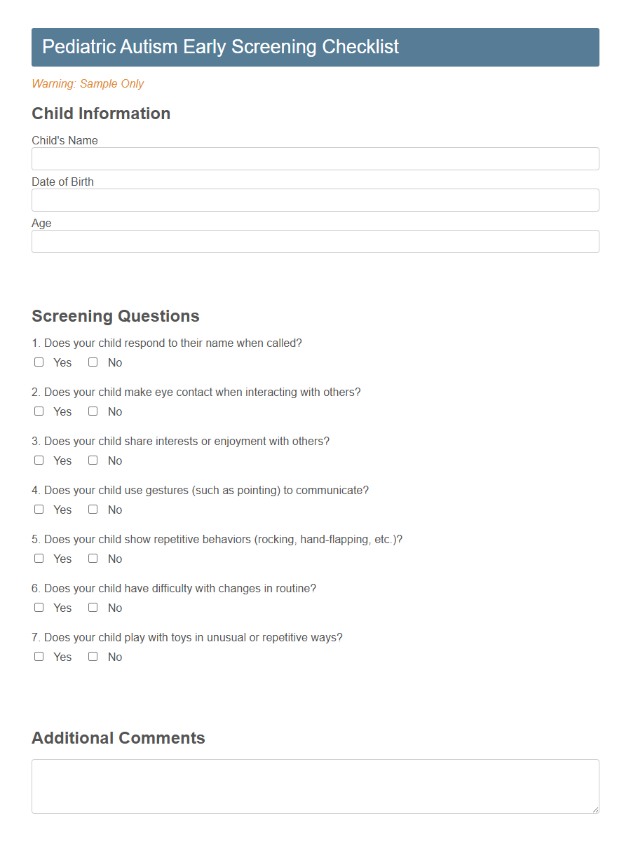 Pediatric Developmental Screening Form PDF Samples