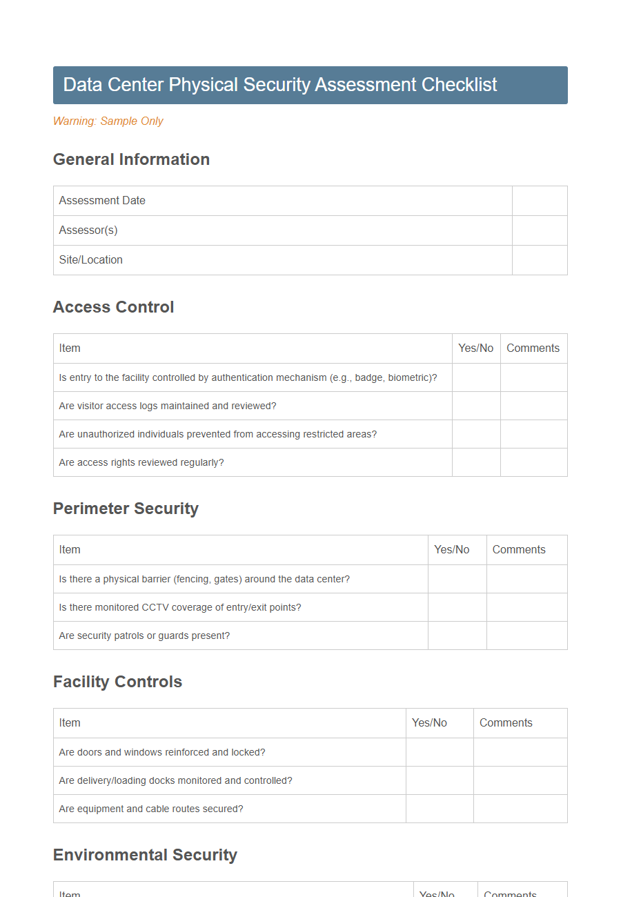 Physical Security Assessment Checklist Form PDF Samples