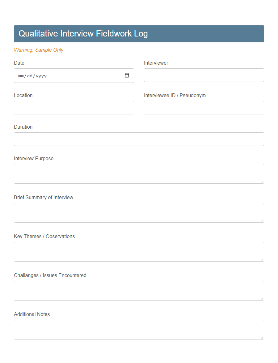 Research Fieldwork Log Form PDF Samples